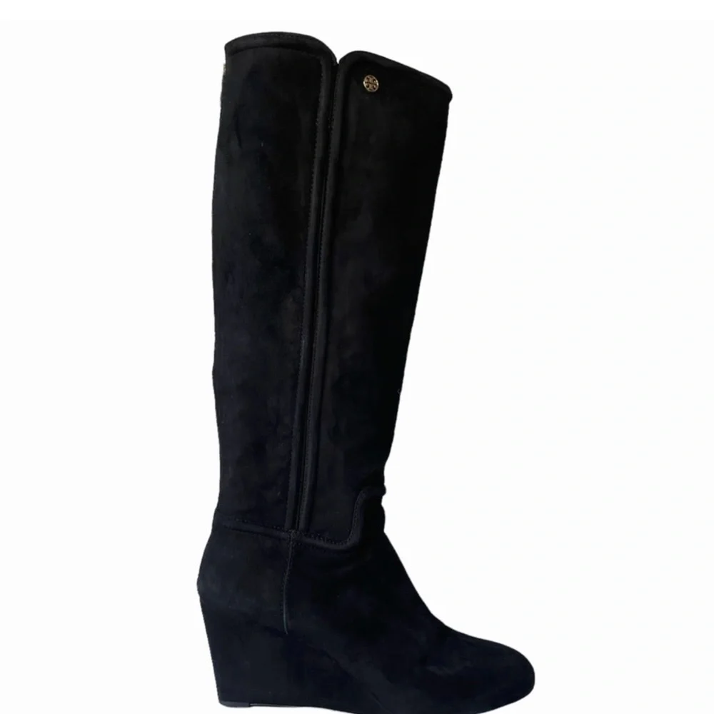 Tory Burch Irene Tall Black Suede Wedge Boots size 7